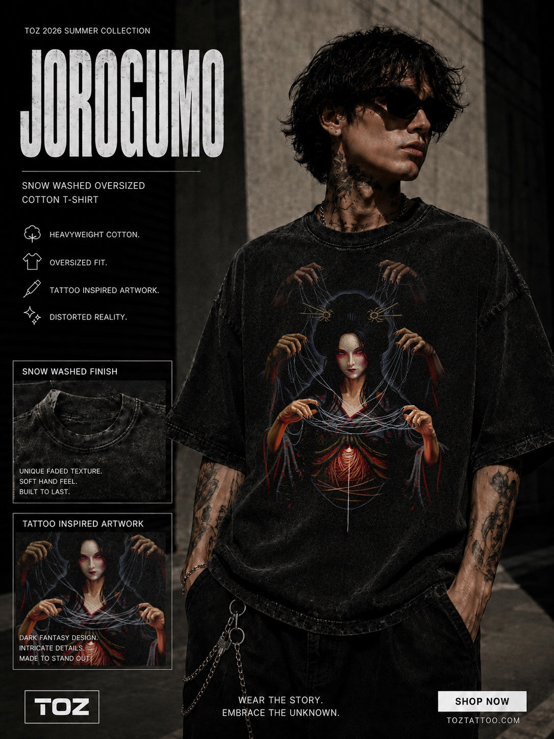 Jorogumo - Spider Demon - Snow Washed Oversized Cotton T-Shirt